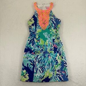 Lilly Pulitzer Pearl Shift Dress Size 00 Blue Green Floral Cotton Sleeveless
